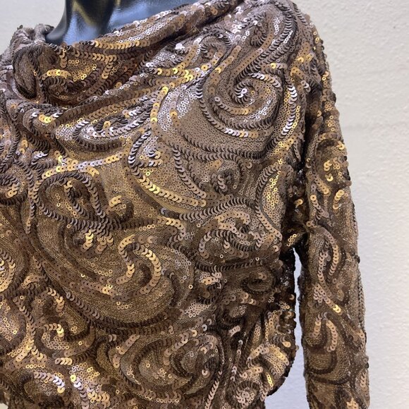 Badgley Mischka Collection Women's Sequin Gown Size 8 Bronze Long-Sleeve V-Back - Picture 4 of 10